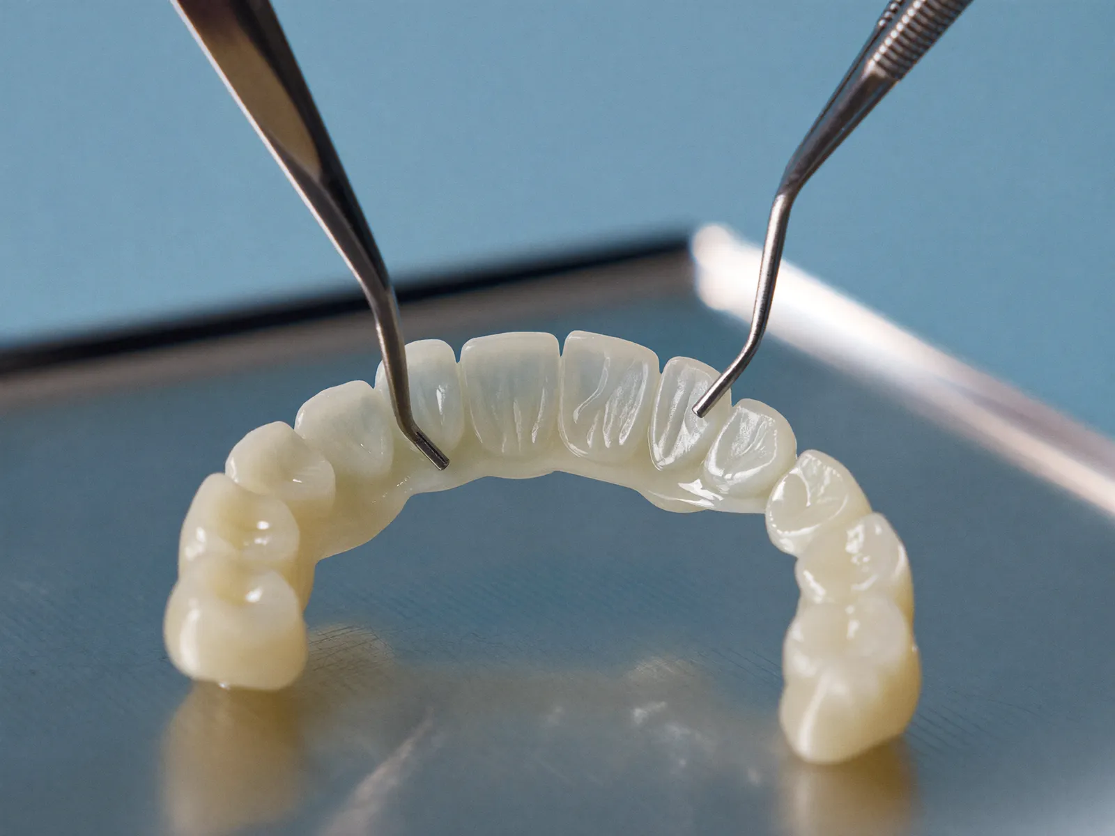 Thin porcelain smile-design work on a dental lab tray